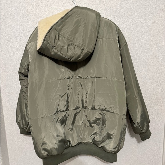 Olive Green Sherpa Lined Hooded Bomber Jacket - Picture 2 of 5